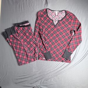 Victorias Secret Thermal Pj Set Waffle Red Black Plaid Med. Sleepwear Long John